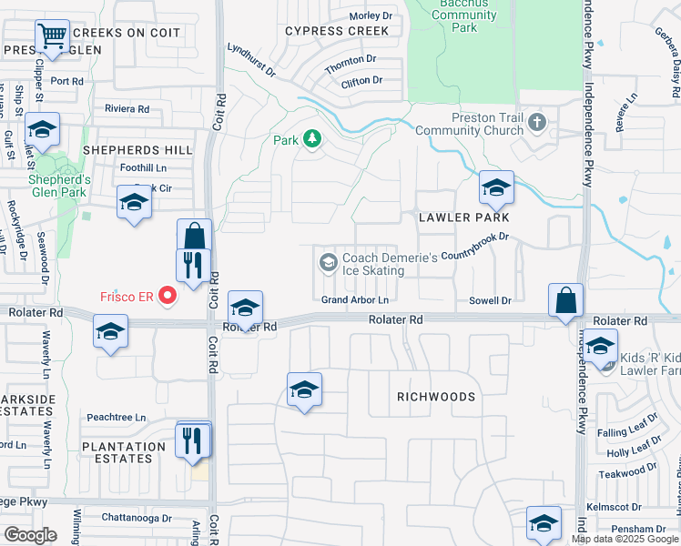 map of restaurants, bars, coffee shops, grocery stores, and more near 7516 Perry Drive in Frisco