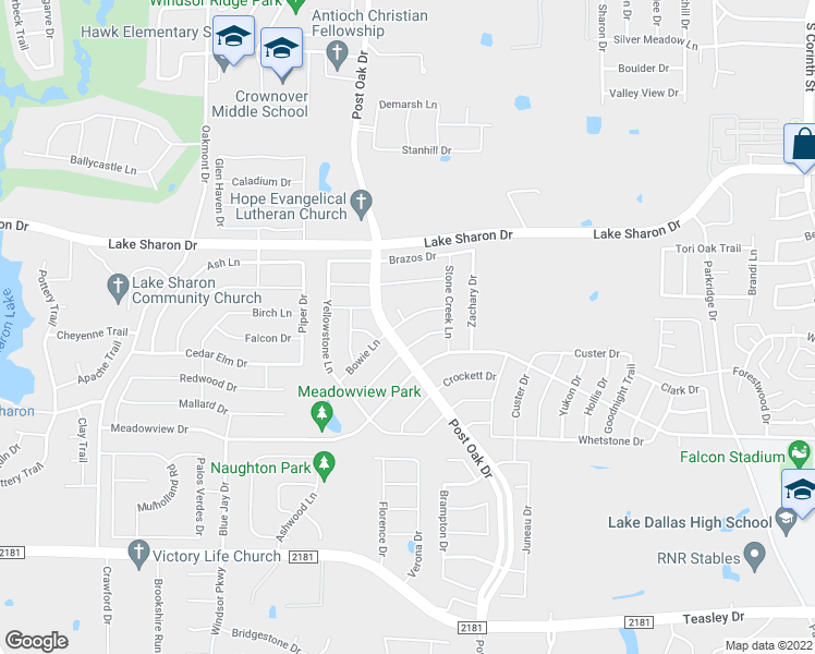map of restaurants, bars, coffee shops, grocery stores, and more near 2105 Bowie Lane in Corinth