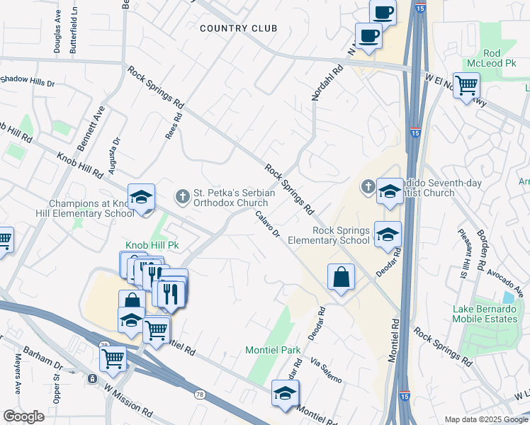 map of restaurants, bars, coffee shops, grocery stores, and more near 1514 Calavo Drive in Escondido