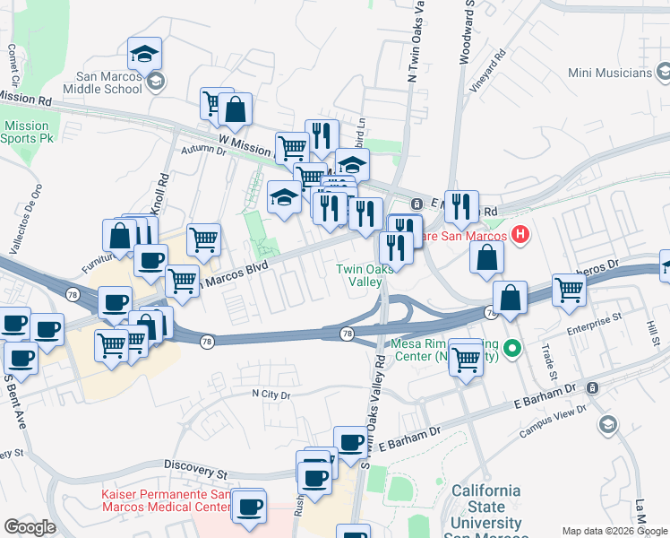 map of restaurants, bars, coffee shops, grocery stores, and more near 233 West San Marcos Boulevard in San Marcos