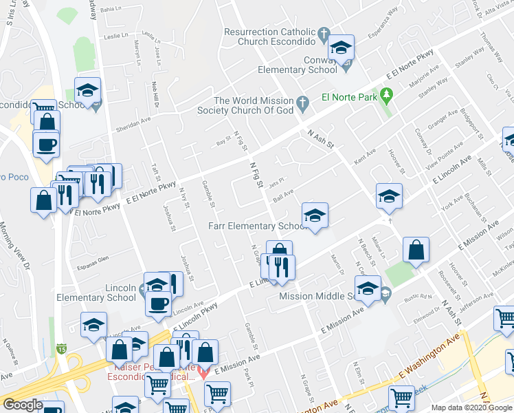map of restaurants, bars, coffee shops, grocery stores, and more near 645 Stanley Court in Escondido