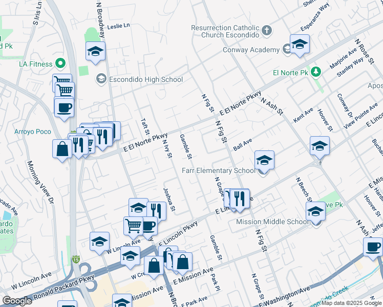 map of restaurants, bars, coffee shops, grocery stores, and more near 1221 Gamble Street in Escondido