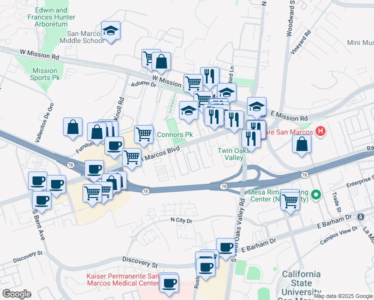 map of restaurants, bars, coffee shops, grocery stores, and more near 305 West San Marcos Boulevard in San Marcos