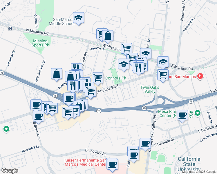 map of restaurants, bars, coffee shops, grocery stores, and more near 400 E West San Marcos Boulevard in San Marcos