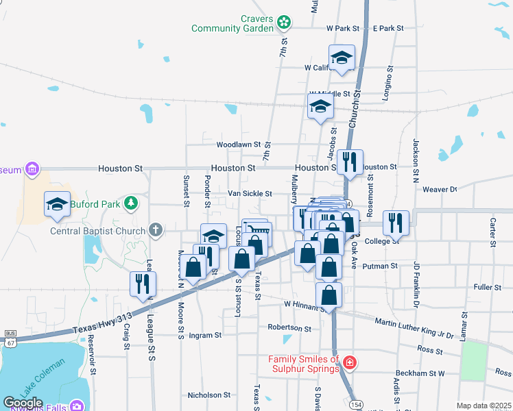 map of restaurants, bars, coffee shops, grocery stores, and more near 438 Atkins Street in Sulphur Springs