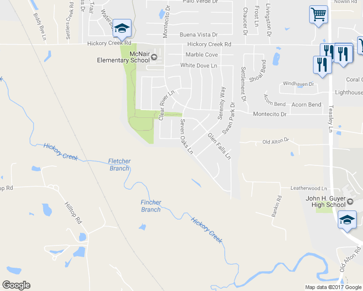 map of restaurants, bars, coffee shops, grocery stores, and more near 1300 Rambling Brook Trail in Denton