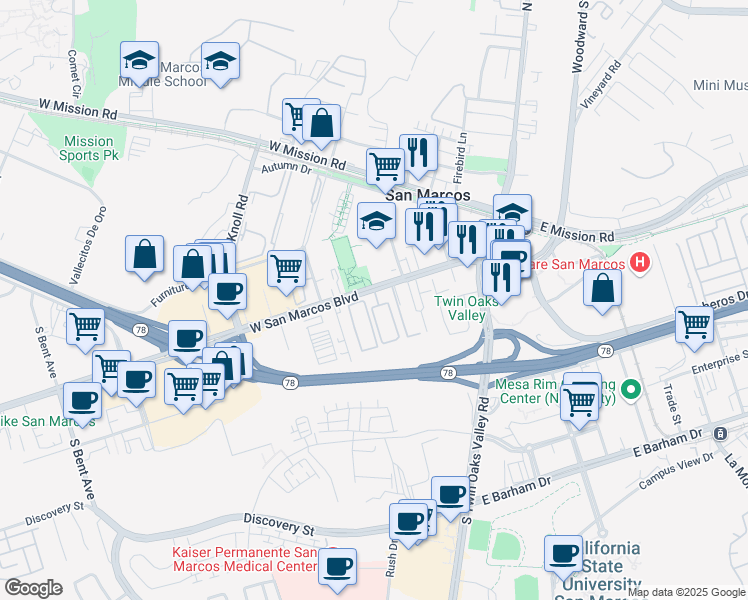 map of restaurants, bars, coffee shops, grocery stores, and more near 325 West San Marcos Boulevard in San Marcos