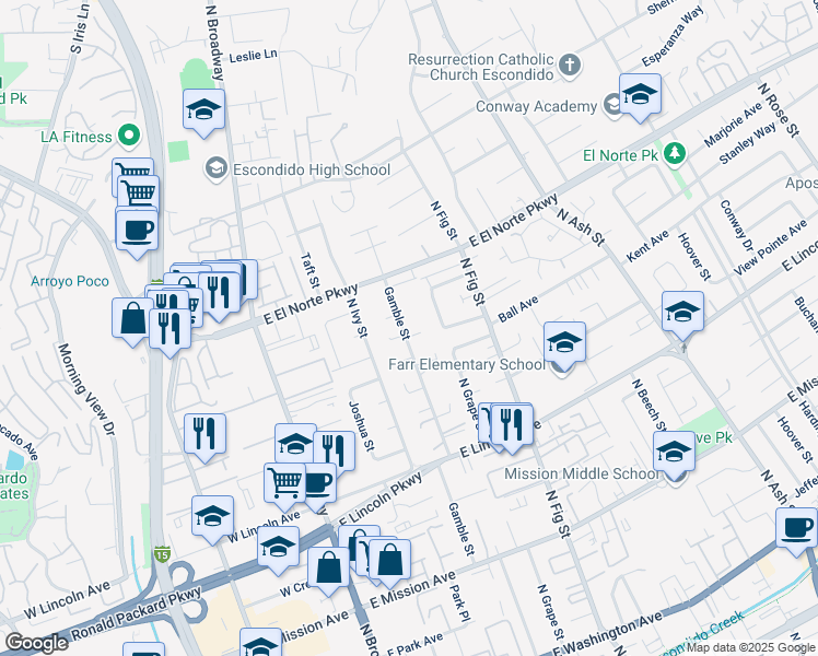 map of restaurants, bars, coffee shops, grocery stores, and more near 1221 Gamble Street in Escondido
