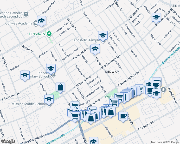 map of restaurants, bars, coffee shops, grocery stores, and more near 1467 Ronda Place in Escondido