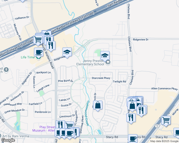 map of restaurants, bars, coffee shops, grocery stores, and more near 912 Clear Water Drive in Allen