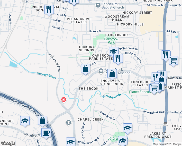 map of restaurants, bars, coffee shops, grocery stores, and more near 7613 Glenoaks Drive in Frisco