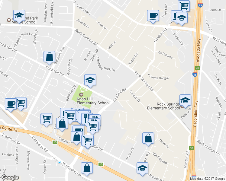 map of restaurants, bars, coffee shops, grocery stores, and more near 1033 Nordahl Road in San Marcos