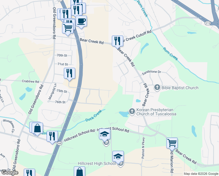 map of restaurants, bars, coffee shops, grocery stores, and more near 214 Countrywood Drive in Tuscaloosa
