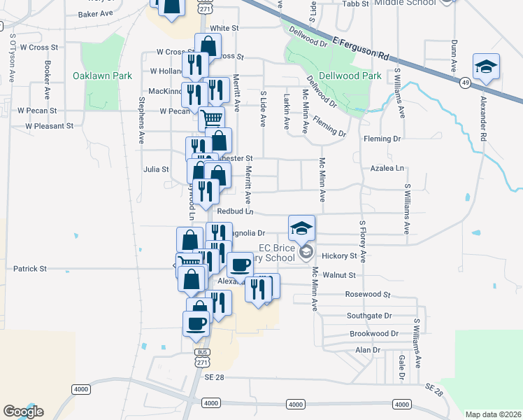 map of restaurants, bars, coffee shops, grocery stores, and more near 205 Redbud Lane in Mount Pleasant