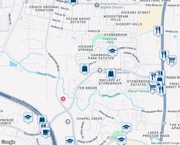 map of restaurants, bars, coffee shops, grocery stores, and more near 7613 Glenoaks Drive in Frisco