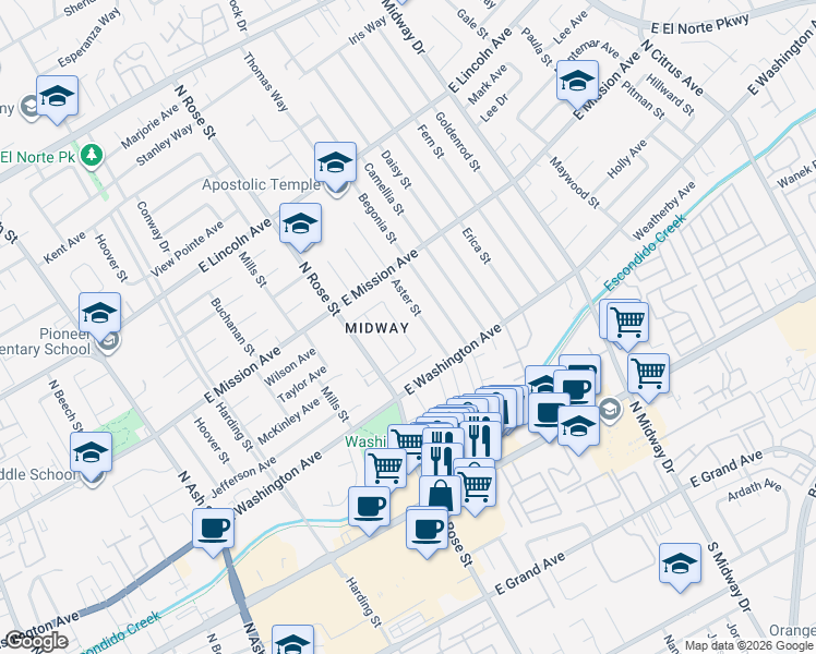 map of restaurants, bars, coffee shops, grocery stores, and more near 650 Olinda Street in Escondido