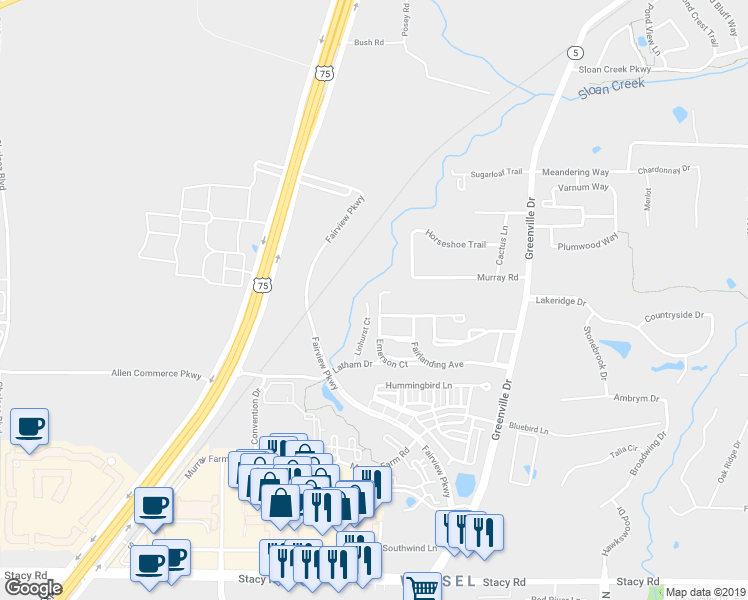 map of restaurants, bars, coffee shops, grocery stores, and more near 5569 Emerson Court in McKinney