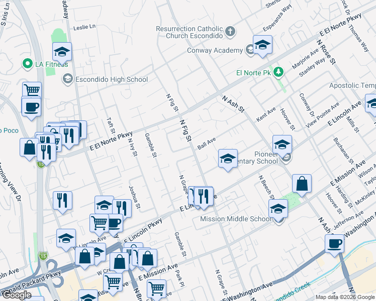 map of restaurants, bars, coffee shops, grocery stores, and more near 653 Stanley Court in Escondido