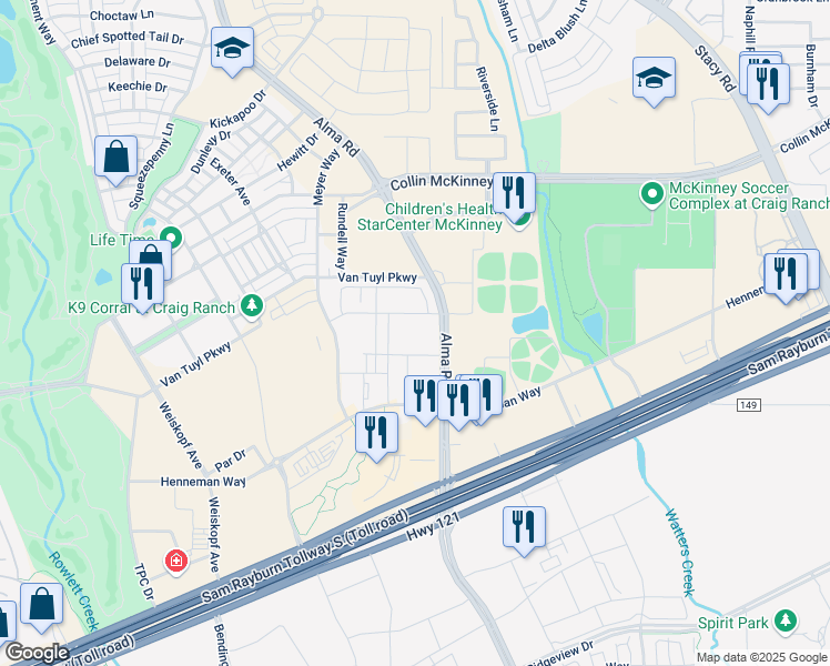 map of restaurants, bars, coffee shops, grocery stores, and more near 6130 Alma Road in McKinney
