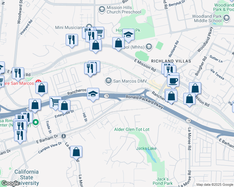 map of restaurants, bars, coffee shops, grocery stores, and more near Rancheros Dr & Santar Pl in San Marcos