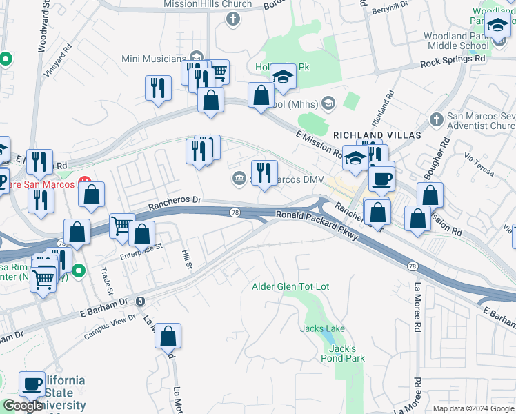 map of restaurants, bars, coffee shops, grocery stores, and more near Rancheros Dr & Santar Pl in San Marcos