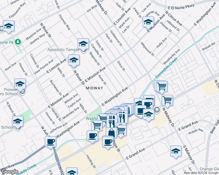 map of restaurants, bars, coffee shops, grocery stores, and more near 634 Aster Street in Escondido