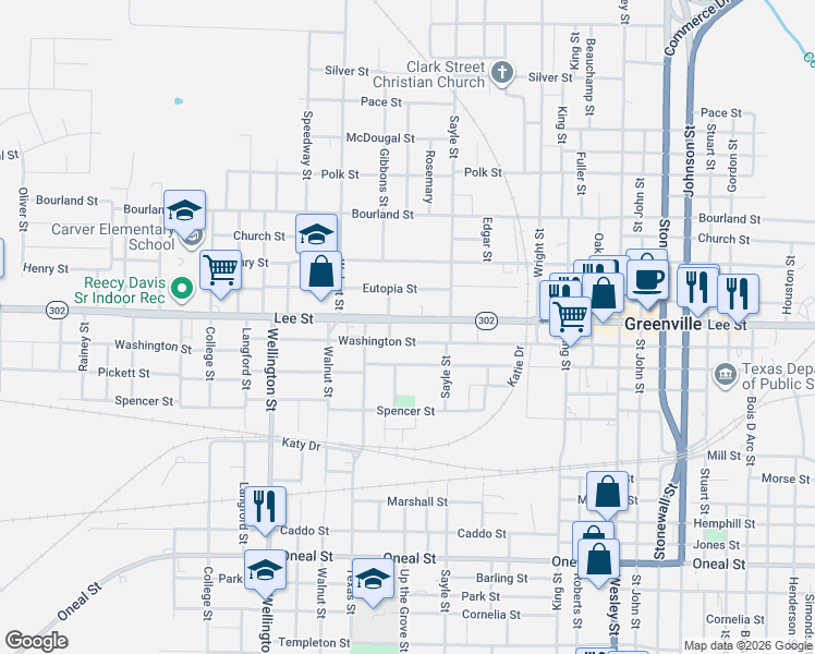 map of restaurants, bars, coffee shops, grocery stores, and more near 3604 Washington Street in Greenville