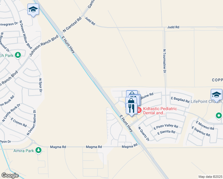 map of restaurants, bars, coffee shops, grocery stores, and more near 2256 East San Manuel Road in Queen Creek