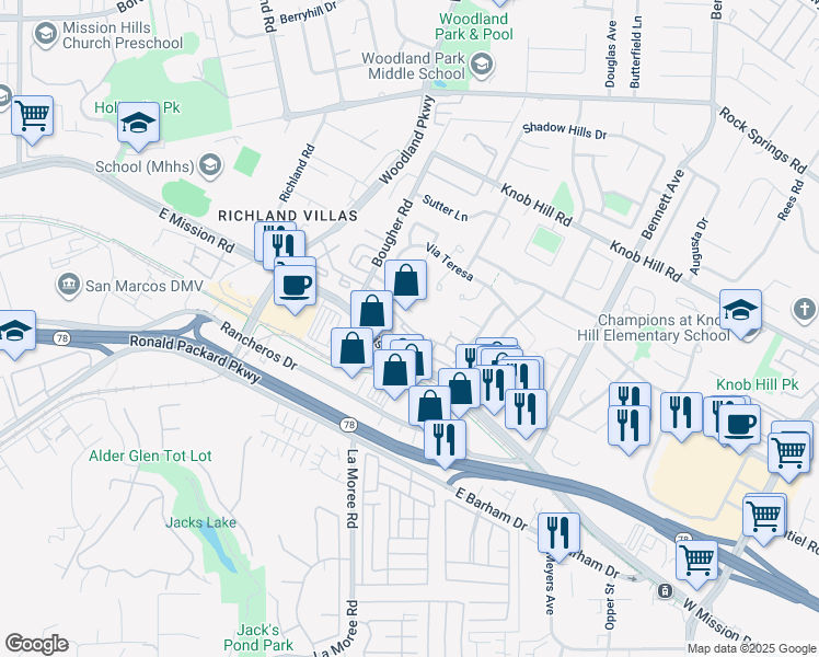 map of restaurants, bars, coffee shops, grocery stores, and more near 1120 Grape Street in San Marcos