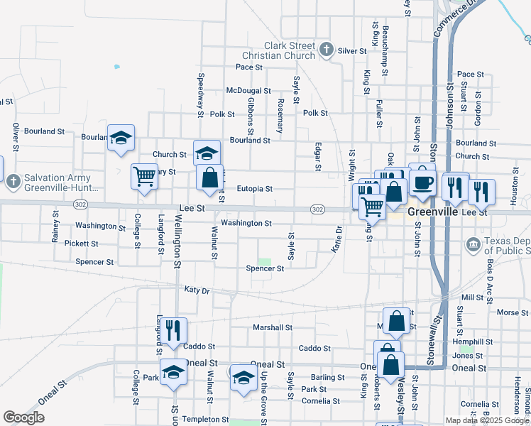 map of restaurants, bars, coffee shops, grocery stores, and more near 3607 Lee Street in Greenville