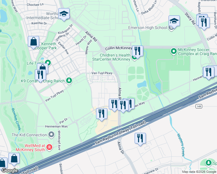map of restaurants, bars, coffee shops, grocery stores, and more near 6130 Alma Road in McKinney