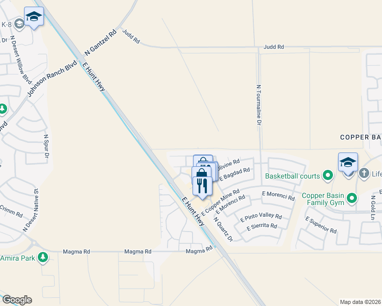 map of restaurants, bars, coffee shops, grocery stores, and more near 2505 East San Manuel Road in San Tan Valley