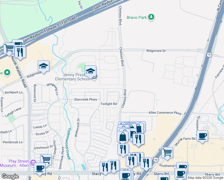 map of restaurants, bars, coffee shops, grocery stores, and more near 844 Veneto Drive in Allen