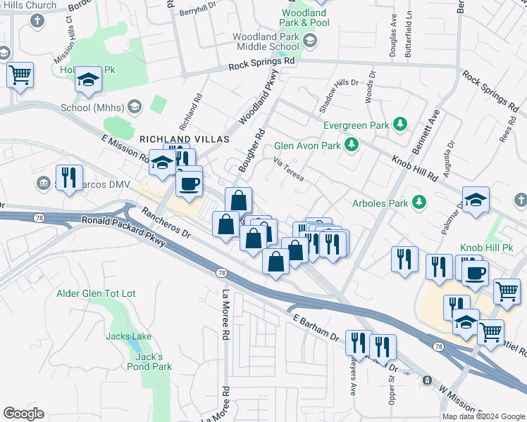 map of restaurants, bars, coffee shops, grocery stores, and more near 1134 Grape Street in San Marcos