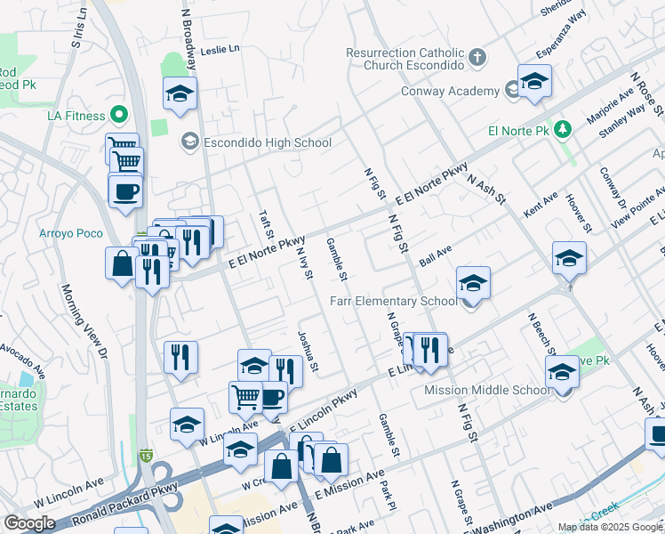 map of restaurants, bars, coffee shops, grocery stores, and more near 1221 Gamble Street in Escondido