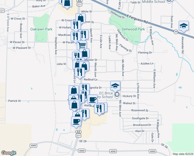 map of restaurants, bars, coffee shops, grocery stores, and more near 205 Redbud Lane in Mount Pleasant