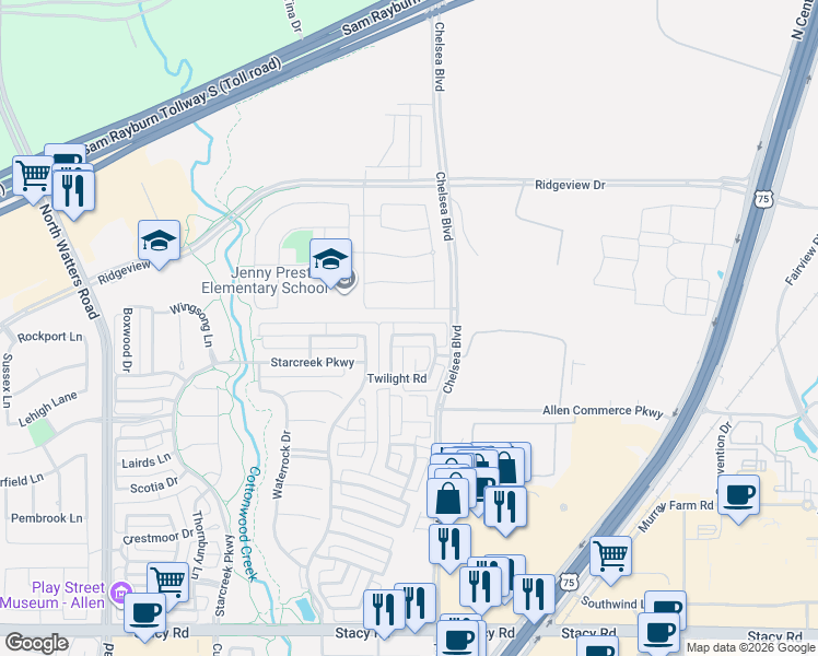 map of restaurants, bars, coffee shops, grocery stores, and more near 843 Veneto Drive in Allen