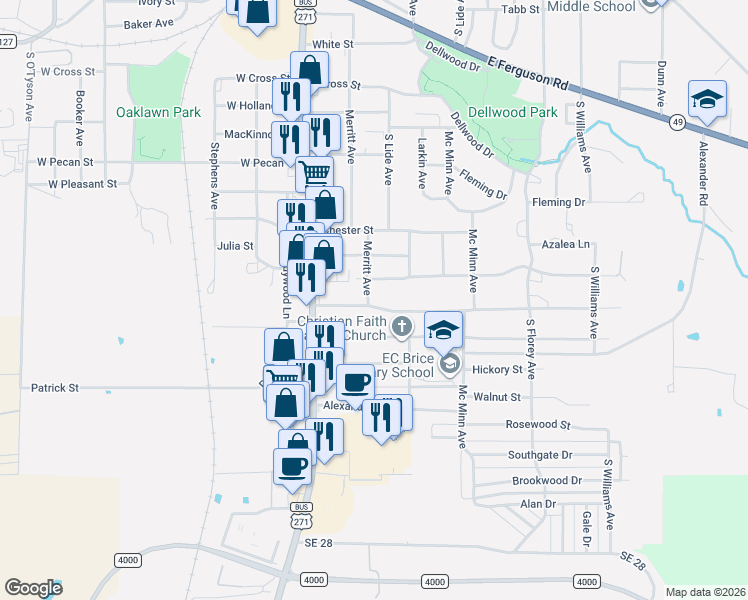 map of restaurants, bars, coffee shops, grocery stores, and more near 205 Redbud Lane in Mount Pleasant