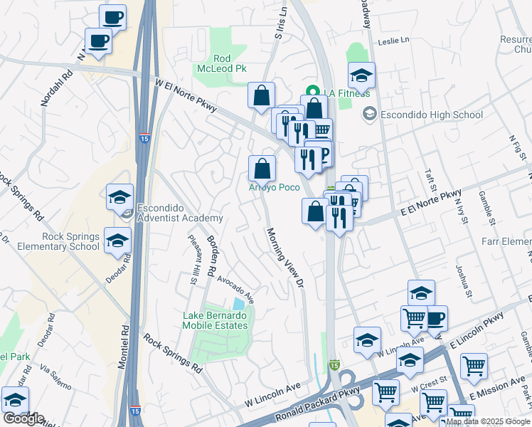 map of restaurants, bars, coffee shops, grocery stores, and more near 1343 Morning View Drive in Escondido