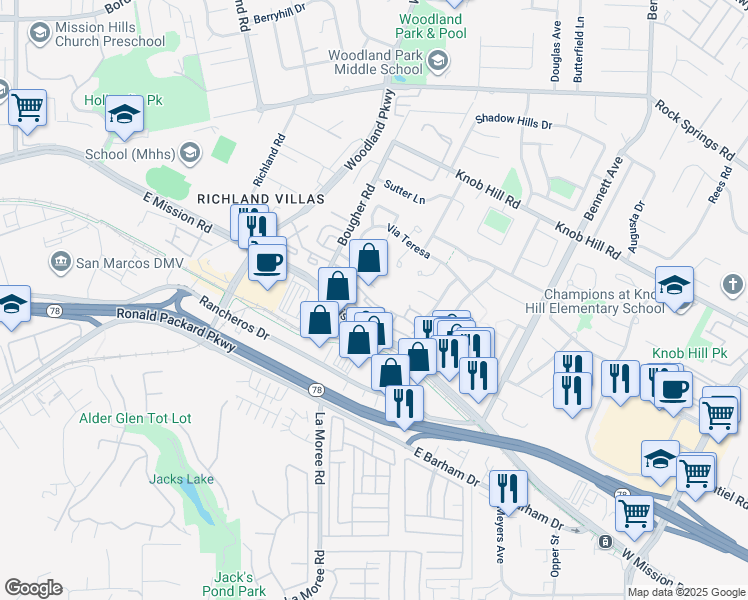 map of restaurants, bars, coffee shops, grocery stores, and more near 176 Cerco Rosado in San Marcos