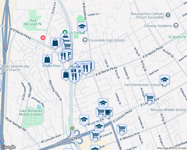 map of restaurants, bars, coffee shops, grocery stores, and more near North Broadway & West El Norte Parkway in Escondido
