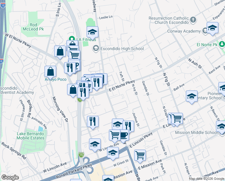 map of restaurants, bars, coffee shops, grocery stores, and more near 215 East El Norte Parkway in Escondido