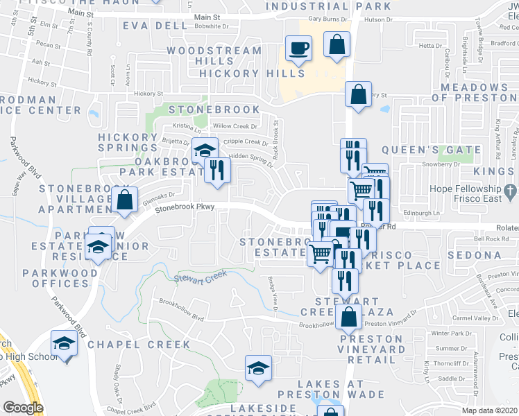 map of restaurants, bars, coffee shops, grocery stores, and more near 8440 Stonebrook Parkway in Frisco