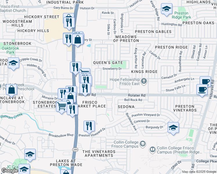 map of restaurants, bars, coffee shops, grocery stores, and more near 7422 Lancaster Gate in Frisco