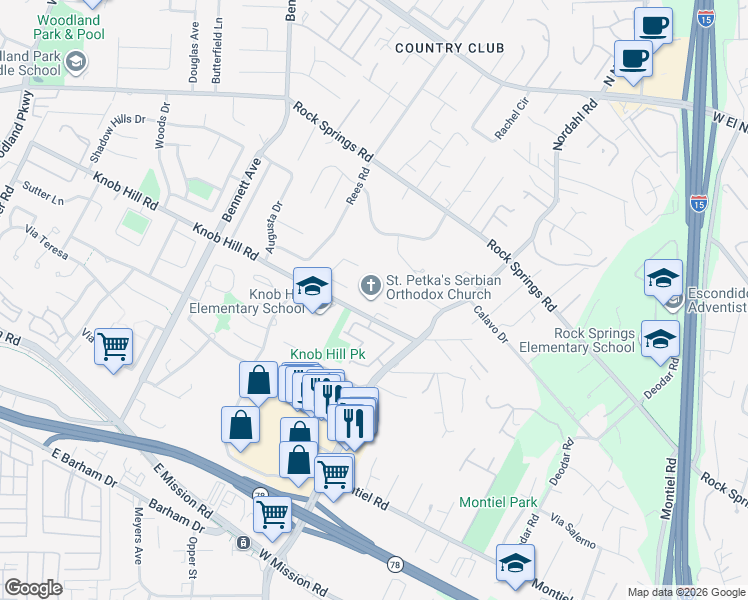 map of restaurants, bars, coffee shops, grocery stores, and more near 1854 Knob Hill Road in San Marcos