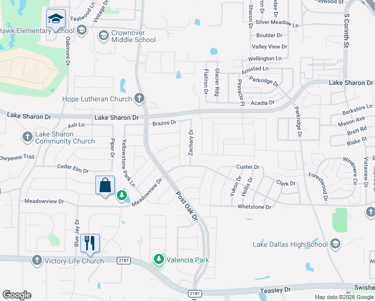 map of restaurants, bars, coffee shops, grocery stores, and more near 2708 Stone Creek Lane in Corinth