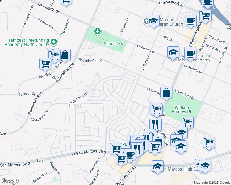 map of restaurants, bars, coffee shops, grocery stores, and more near 3535 Linda Vista Drive in San Marcos