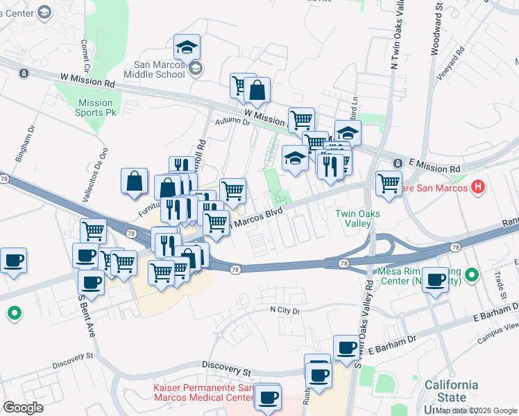 map of restaurants, bars, coffee shops, grocery stores, and more near 201 Westlake Drive in San Marcos