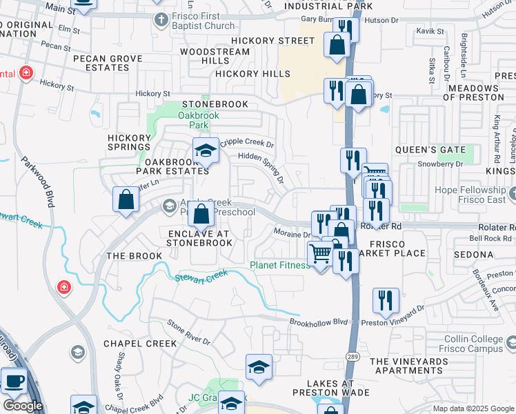map of restaurants, bars, coffee shops, grocery stores, and more near 8430 Stonebrook Parkway in Frisco