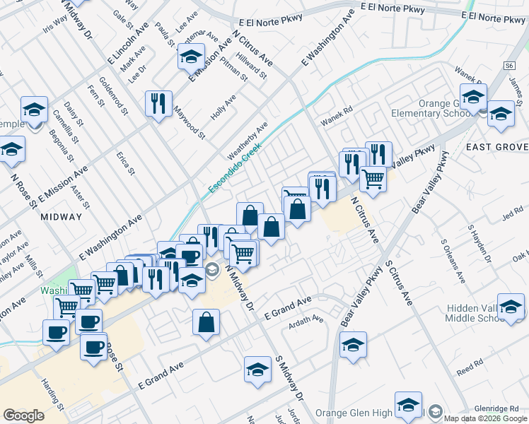 map of restaurants, bars, coffee shops, grocery stores, and more near 2280 East Valley Parkway in Escondido